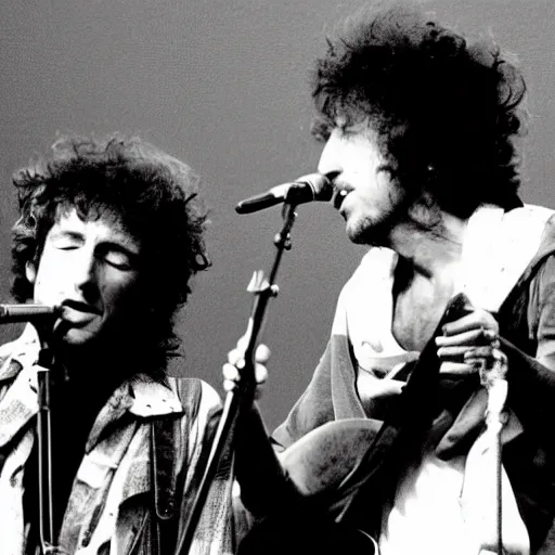 Prompt: photo of bruce springsteen and bob dylan doing a harmonica duo on stage at a festival