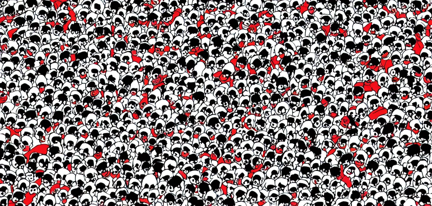 Image similar to a where's Wally challenge but with pandas, comic book style