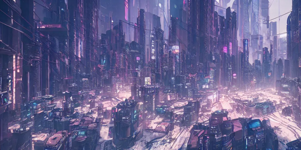 Image similar to cyberpunk city in the snow, trending on Artstation, octane render, unreal engine, raytracing, visually stunning, award-winning, bokeh