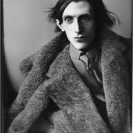 Image similar to High resolution 1930s portrait of a young anorexic man with very long hair and extravagant clothes