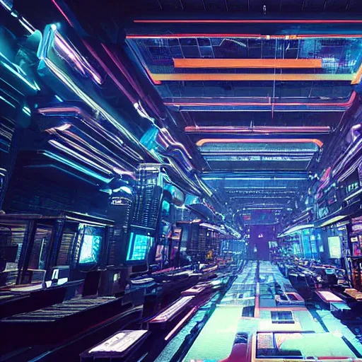 Prompt: “Interior of a Cyberpunk Netrunner Lair , hyper realistic, unreal engine”