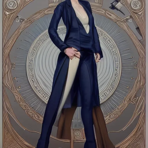 Prompt: full figure ultra realistic illustration, evan rachel wood wearing a futuristic navy blue pantsuit, brown straight hair, old west, intricate, elegant, highly detailed, digital painting, artstation, concept art, smooth, sharp focus, illustration, art by artgerm and greg rutkowski and alphonse mucha