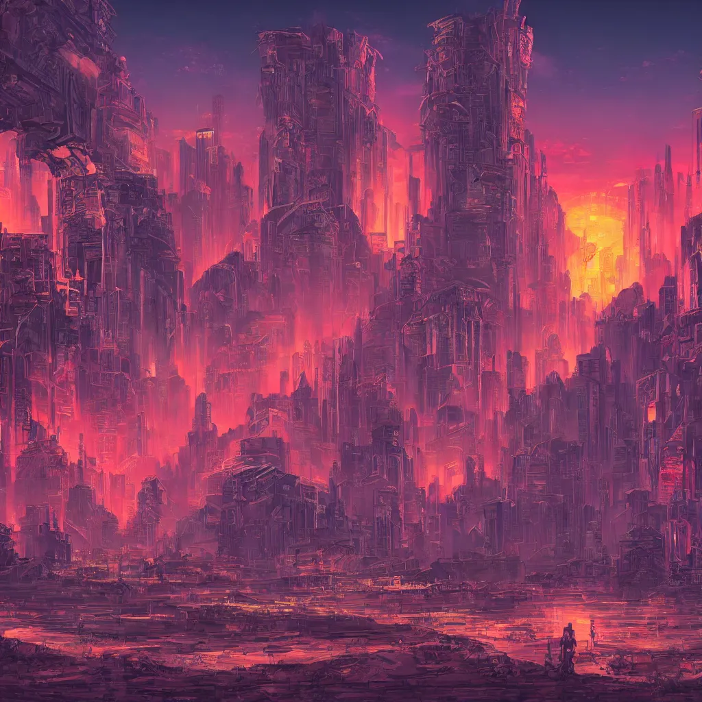 Image similar to ancient city, retrowave epic art, trending on art station