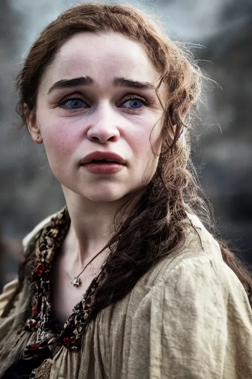 Image similar to Photo of Native Russian woman Emilia Clarke, portrait, skilled homeless, realistic, detailed, Emilia Clarke, photorealistick, Sony A7R