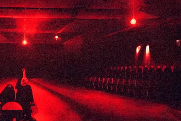 Image similar to a dark conference hall, people cheering at the man on stage, atmospheric and obscure, red neon light, by roger deakins, cinematography, syd mead, dave mckean