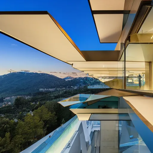 Prompt: extremely detailed non-Euclidean stunning sophisticated very thin beautiful house of 6 cantilevered levels , stunning volumetric light, sunset, multi-colored concrete and glass and translucent material, stunning ski, by Giacomo Burattini and grok, 8k