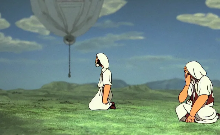 Image similar to a cell - shaded cartoon movie still from princess mononoke ( 1 9 9 7 ) of a middle eastern imam kneeling in prayer. a golden ufo is in the sky. very dull muted colors, hd, 4 k, hq