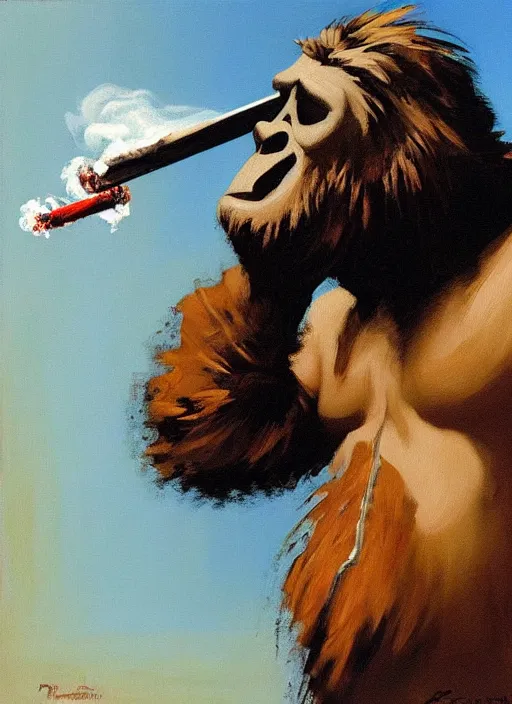 Image similar to bigfoot smoking meth, billowing smoke, inhaling pipe, painting by phil hale, fransico goya, david lynch,'action lines '!!!, graphic style, visible brushstrokes, motion blur, blurry