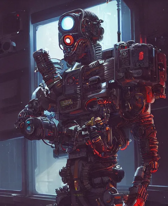 Image similar to cyberpunk digital illustration pathfinder robot from apex legends, portrait by james gurney and laurie greasley, concept art, cinematic composition, hyper realism, photorealistic, dramatic lighting, highly detailed, vintage sci - fi