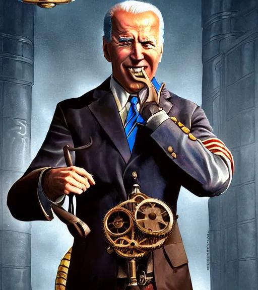 Prompt: joe biden cosplaying bioshock, by artgerm, by simon stalengrad, bioshock screenshot, photorealistic fan art, intricate shading, steampunk, patriot