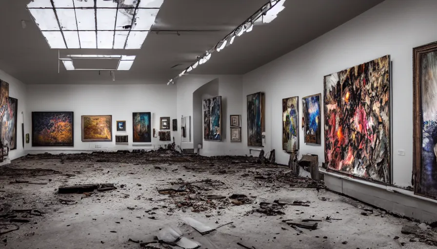 Image similar to dramatic photo of abandoned art gallery full of art canvases and photos of landscapes covering the walls, robots in the room painting and admiring the photos, cinematic lighting, wide angle, servers