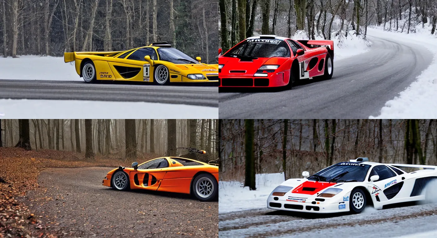 Prompt: a 1 9 9 7 mclaren f 1 gtr, racing through a rally stage in a snowy forest
