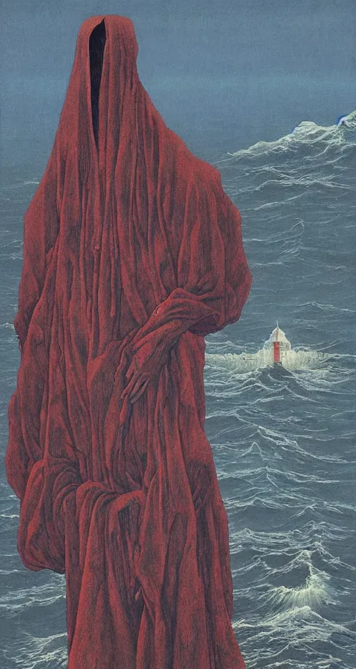 Prompt: worshippers in robes belonging to the cult of the lighthouse standing in the water, a lighthouse, high detailed beksinski painting, part by adrian ghenie and gerhard richter. art by takato yamamoto. masterpiece, deep colours, blue