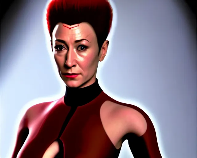 Prompt: hyper realistic painting of the young bajoran kira nerys from star trek, three quarter shot, medium shot, f 1. 4, 3 5 mm, unreal engine