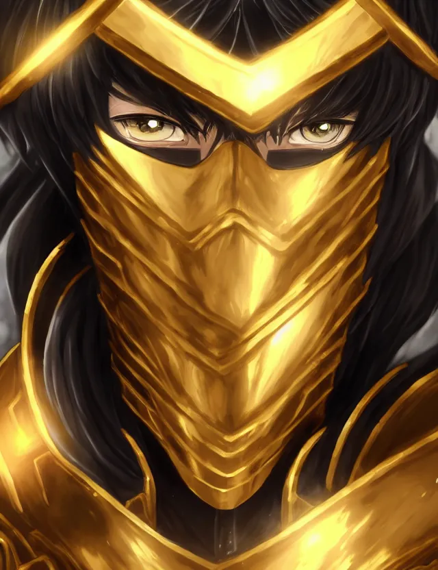 Image similar to a detailed manga portrait of a black haired man with hazel eyes in gleaming golden armour with arcane energy symbols in air around him, trending on artstation, digital art, 4 k resolution, detailed, high quality, sharp focus, hq artwork, coherent, insane detail, character portrait