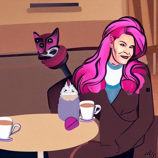 Prompt: captain janeway sharing coffee with a robotic fox with pink hair, in a french cafe, digital art