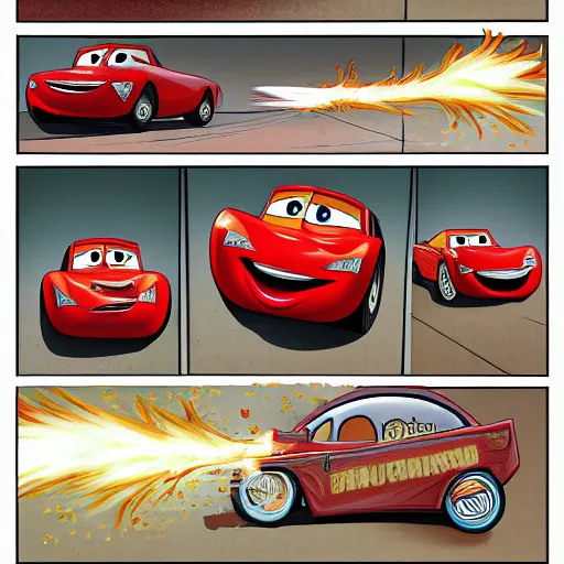 Prompt: lightning mcqueen beating old cars comic style high resolution