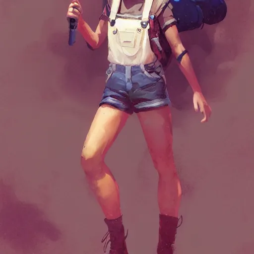 Prompt: portrait, attractive Female adventurer, soft eyes and narrow chin, dainty figure, single strap paint covered overalls, short shorts, combat boots, raining, basic white background, style of by Jordan Grimmer and greg rutkowski, crisp lines and color,