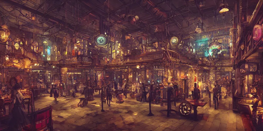 Image similar to steampunk mall interior, colorful, 3 d scene, render, greg rutkowski, zabrocki, karlkka, jayison devadas, trending on artstation, 8 k, ultra wide angle, zenith view, pincushion lens effect