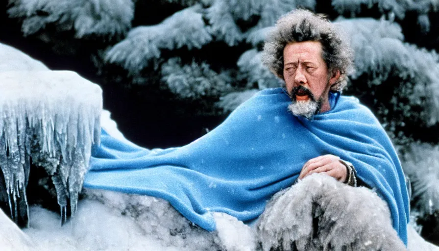 Prompt: 1 9 6 0 s movie still close up of marcus aurelius frozen to death in a blue cape with fur in a river with gravel, pine forests, cinestill 8 0 0 t 3 5 mm, high quality, heavy grain, high detail, texture, dramatic light, anamorphic, hyperrealistic, detailed hair