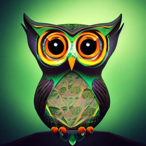 Prompt: wise owl with glowing disney eyes, realistic high detailed scales octane render, portrait, face symmetry, centered, anime style, disney character style green enlightened background