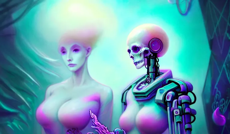 Image similar to muted vaporwave ombre matte painting beautiful sinister alabaster goth female skullpunk spirit doctor, tending to the iridescent enchanted intergalactic mecha garden, man machine chimeric beholder polyphemous power crystals psychotropic frequencies singularity artgerm wlop james jean andrei riabovitchev marc simonetti yoshitaka amano, artstation, cgsociety