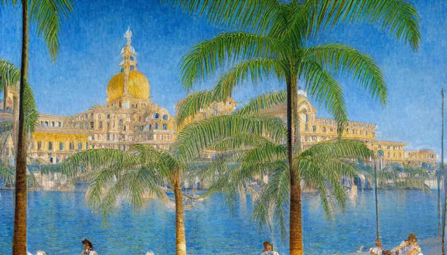 Prompt: a ultradetailed beautiful painting of the amazonas palace balustrade designed by jules bastien - lepage, tarsila do amaral, frank weston and gustave baumann, beach, trending on artstation, mediterranean, palm trees, sharp focus, colorful refracted sparkles and lines, soft light, 8 k 4 k