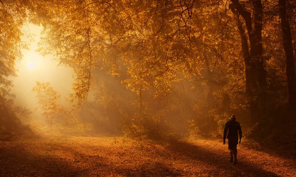 Image similar to A matte painting of an adventurer walking along the river bank in a forest during the golden hour in autumn, surrounded by dust and volumetric light shining through the tree tops