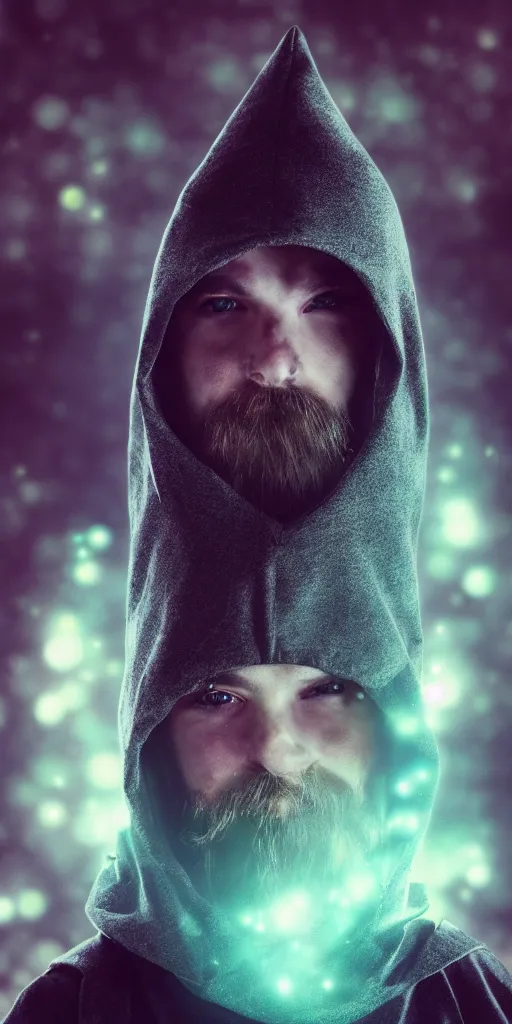 Image similar to portrait of a mysterious wizard with a Hood, bright eyes, fantasy, photorealistic, bokeh, magic lights, cinematic