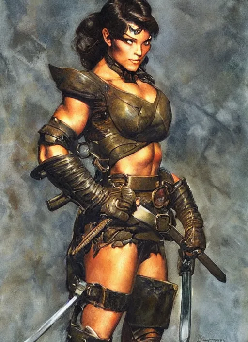 Prompt: portrait of strong female ranger, beautiful! coherent! by frank frazetta, by brom, strong line, deep color, leather armor, short buzzed hair, high contrast