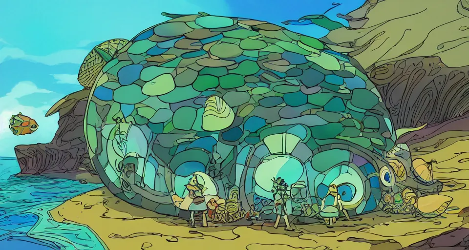 Image similar to giant abalone - shaped seashell house in the ocean by dr seuss, ralph mcquarrie, in the style of zelda windwaker, triadic color scheme, cell shading, 3 d