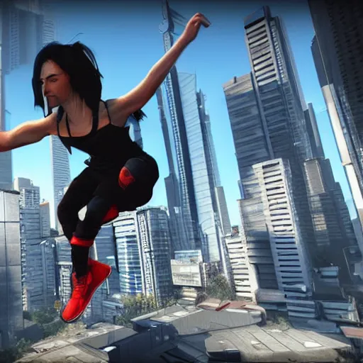 Image similar to parkour delivery service in a cyberpunk setting, city rooftops parkour girl, mirrors edge