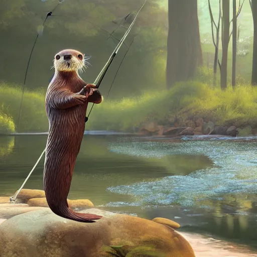 Image similar to painting of otter-fishman with fishing rod, stylized, octane render, morning forest river