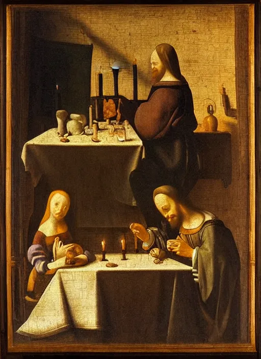 Image similar to a candlelit table at the inn, evening, dark room, two people sitting at the table, swirling smoke, dark smoke, realistic, in the style of leonardo da vinci, dutch golden age, amsterdam, medieval painting by jan van eyck, johannes vermeer, florence