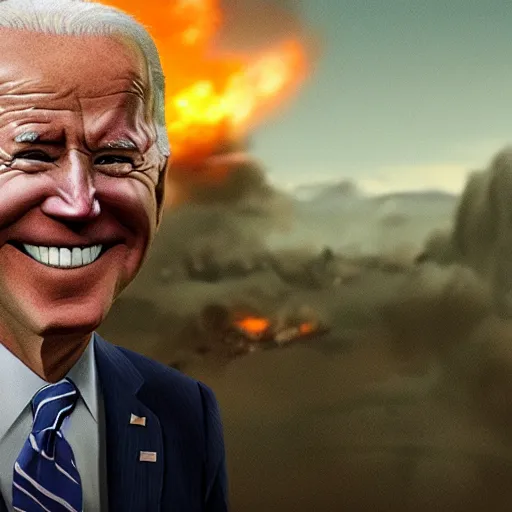 Prompt: joe biden smiling while behind him the world is burning, dramatic lighting, cinematic, establishing shot, extremly high detail, photorealistic, cinematic lighting, artstation, style by James Gurney