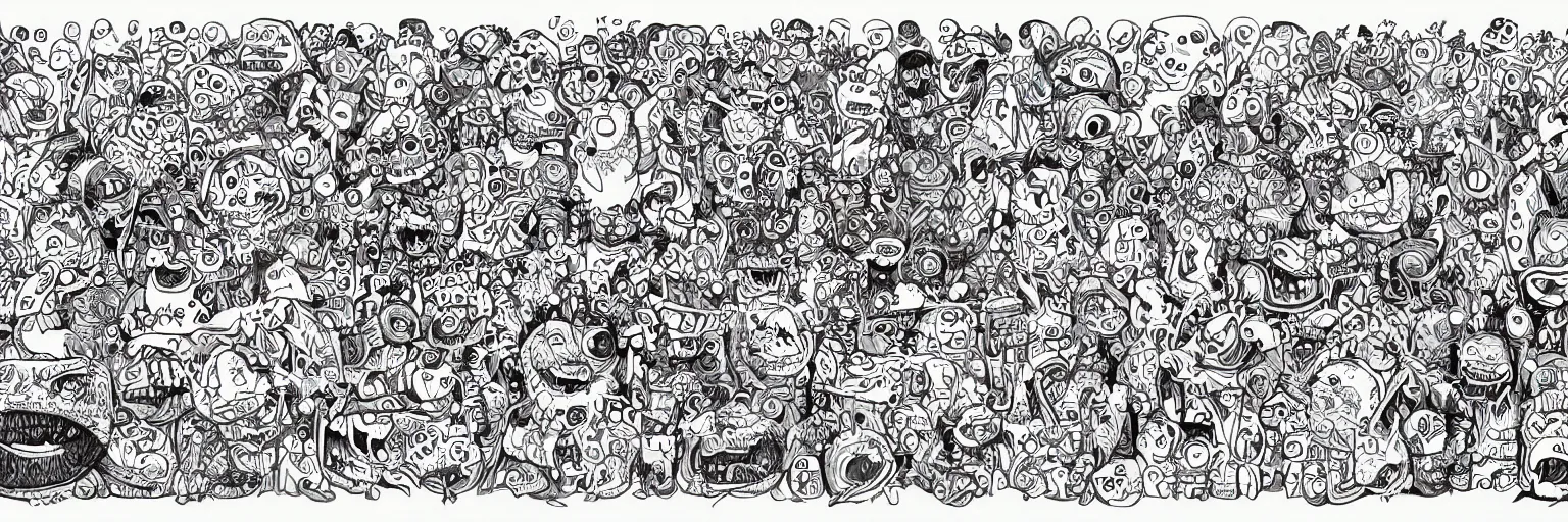 Prompt: monster doodle art, character sheet, fine details, concept design, contrast, kerby rosanes, the doodle boy, trending on artstation, 8 k, ultra wide angle