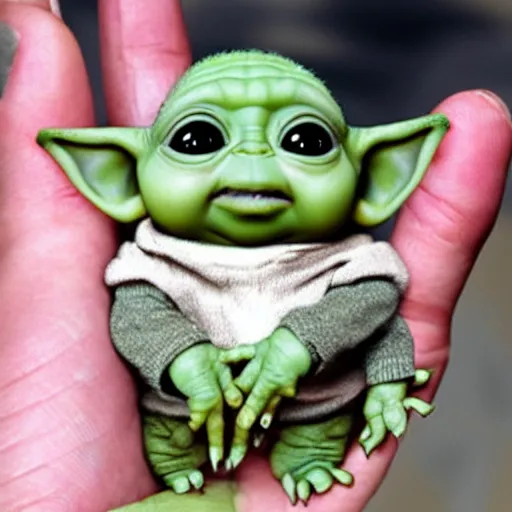 Prompt: a tiny pigmy baby yoda-Shrek hybrid in the palm of a person's hand, super cute