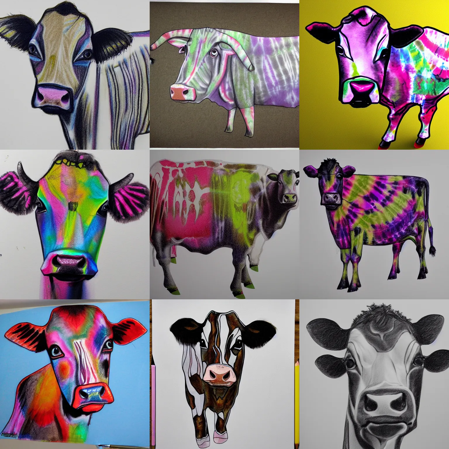 Prompt: transparent cow in tie-dye clothes. fusion between cow clothes. white eyes. pencil sketch, concept art