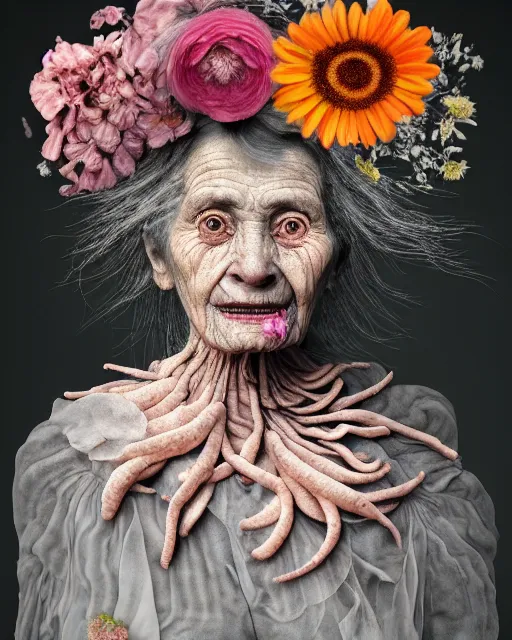 Image similar to a portrait of a beautiful fleshy old woman who is surprised she is still alive, covered in flowers in the style of guiseppe arcimboldo and james jean, covered in wispy gray hair with a hint of neon, hd 3 d, 8 k