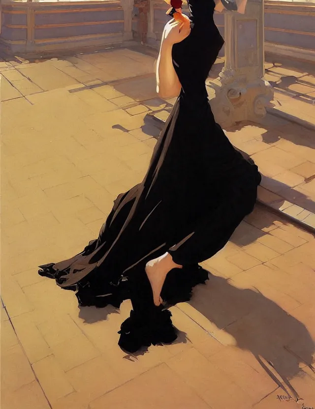 Prompt: savvy — today at 4 : 0 2 pm beautiful anime woman in tight black dress with high slit, krenz cushart, mucha, by joaquin sorolla rhads leyendecker, by ohara koson