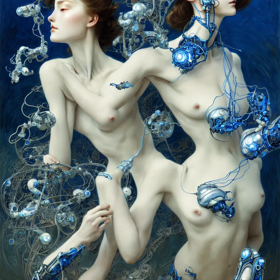 Prompt: organic cyborg, chinese blue and white porcelain, diffuse lighting, fantasy, intricate, elegant, highly detailed, lifelike, photorealistic, digital painting, artstation, illustration, concept art, smooth, sharp focus, art by john collier and albert aublet and krenz cushart and artem demura and alphonse mucha