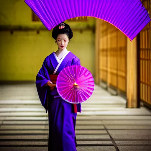 Prompt: Japanese geisha with beautiful violet paper fan, 4k photography, 30 mm lens, cinematic light, warm atmosphere, in style of Kar Wai Wong