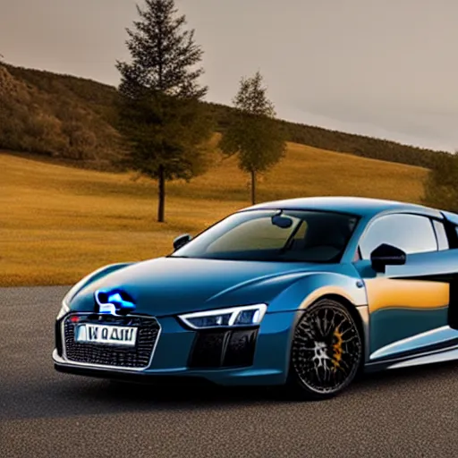 Image similar to a photo of a Audi r 8 made of gold, 8k