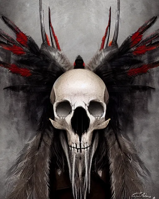 Prompt: deer - skull ghost - spirit of the grim - warpaint wears the scarlet skull armor and native blood headdress feathers, midnight fog - mist!, dark oil painting colors, realism, cinematic lighting, various refining methods, micro macro autofocus, ultra definition, award winning photo, photograph by ghostwave - gammell - giger - shadowlord