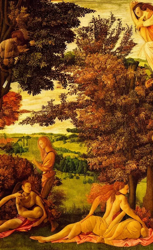 Image similar to mural depicting a beautiful sunrise over a lush forest during fall, in the style of sandro botticelli, caravaggio, albrecth durer