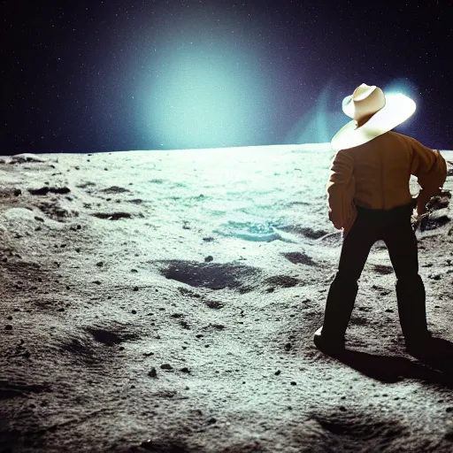 Image similar to cowboy on the moon, standing pose, planet earth background, photorealistic, octane render, blender render, dynamic lighting