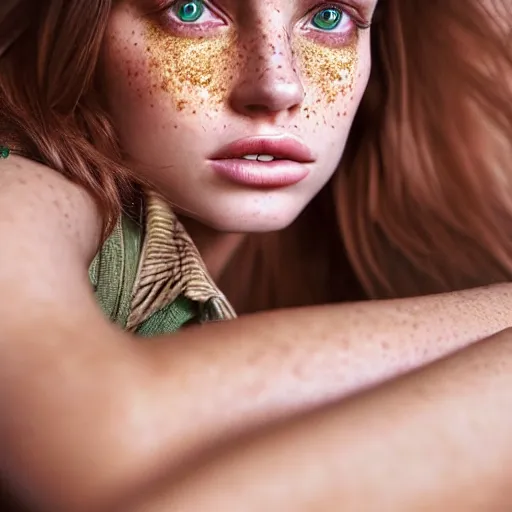 Image similar to intricate crisp portrait of a cute thin young woman, light bronze brown hair, very detailed emerald green eyes, red blush, light freckles, soft smile, casual clothes, relaxing on the couch, home interior, golden hour, close up shot, 8 k, art by irakli nadar, hyperrealism, hyperdetailed, ultra realistic