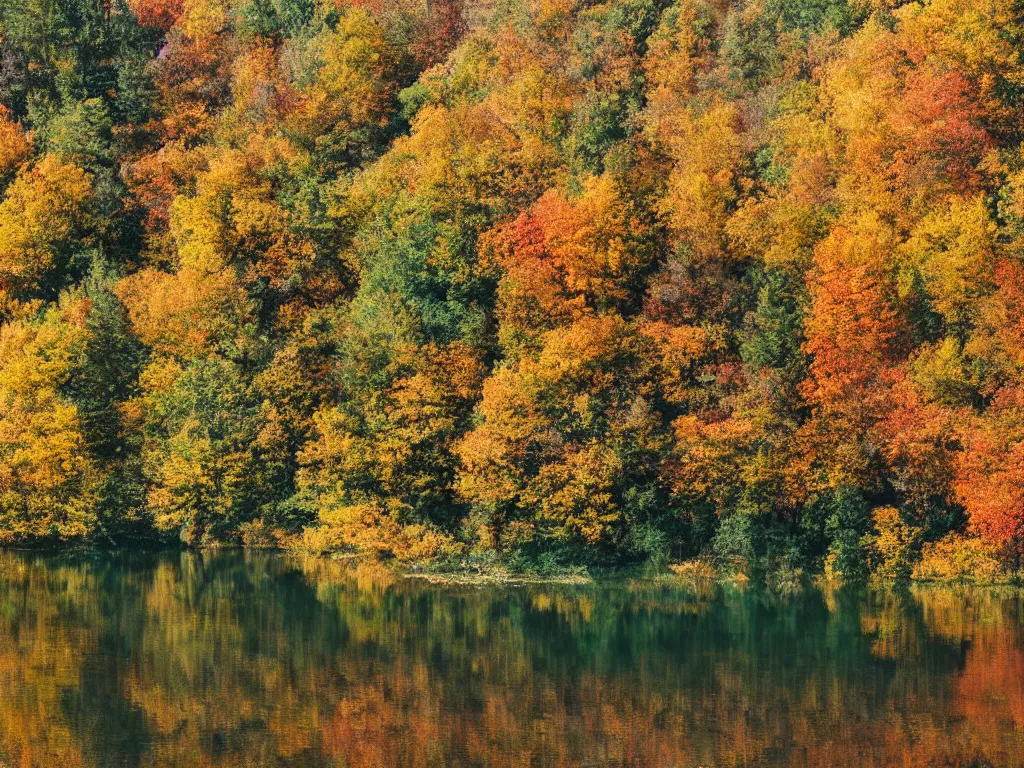 Image similar to a lake in the woods during autumn, photograph, color film