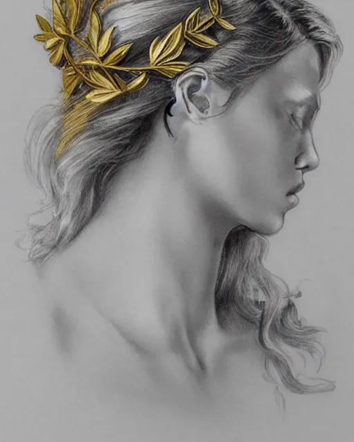 Image similar to front view of beautiful aphrodite greek goddess wearing a gold laurel wreath and triangle earrings, realism tattoo sketch, beautiful piercing eyes with sharp pupils, beautiful blonde hair, in the style of greg rutkowski, fantasy, amazing detail, epic, elegant, smooth, sharp focus