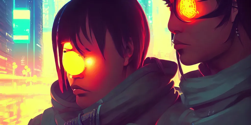 Image similar to digital illustration closeup portrait of cyberpunk samurai in city street at night by makoto shinkai, ilya kuvshinov, lois van baarle, rossdraws, basquiat | afrofuturism, in the style of hearthstone, trending on artstation | cool color scheme